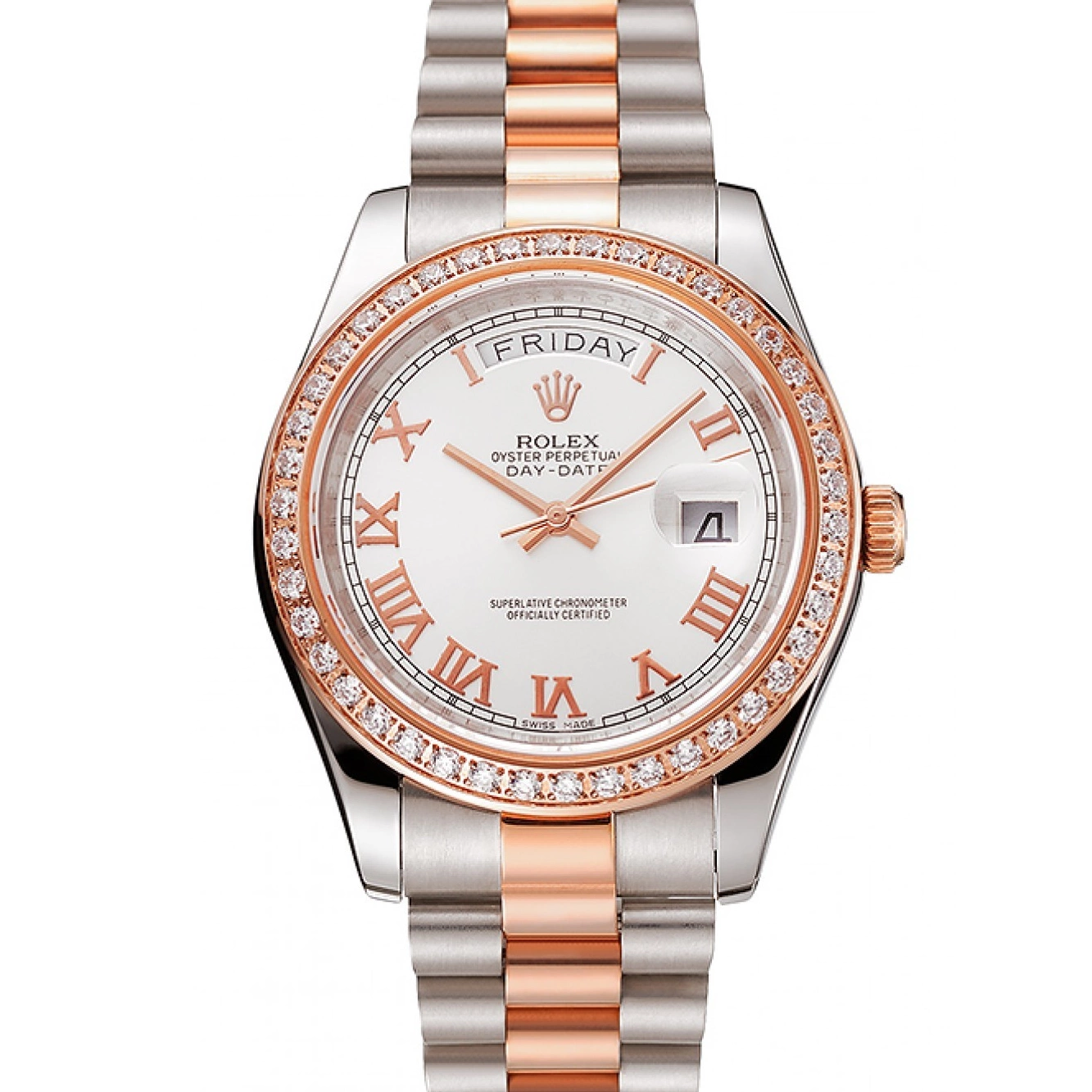 Gold White Staineless Rose Swiss 1454108 Rolex Bezel Day-Date Dial Diamonds Steel Bracelet And 0731